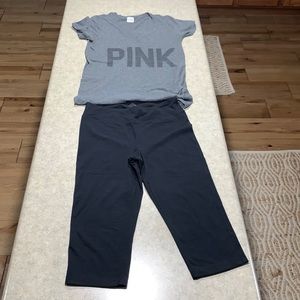 (SOLD)Pink tee V neck/ Medium Fila capri leggings